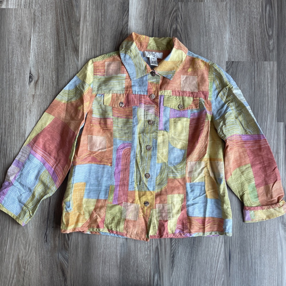 Vintage IOS Silk Linen Patchwork Button Front Lightweight Jacket Abstract S‎